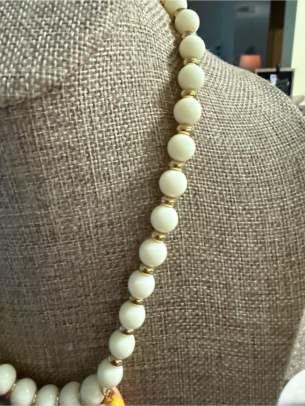 White Beaded Necklace with Gold Accents and Multicolor Swimmer Charms - Picture 4 of 10